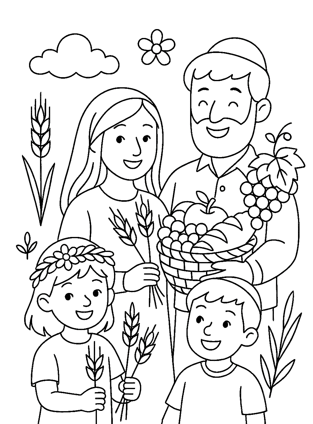 Familia Celebrando Shavuot, página para colorear imprimible para niños