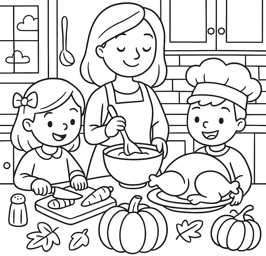 Family Cooking for Thanksgiving, דף צביעה להדפסה לילדים