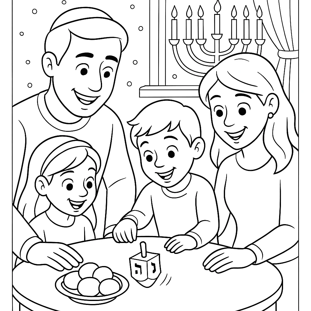 Family Playing the Dreidel Game, דף צביעה להדפסה לילדים