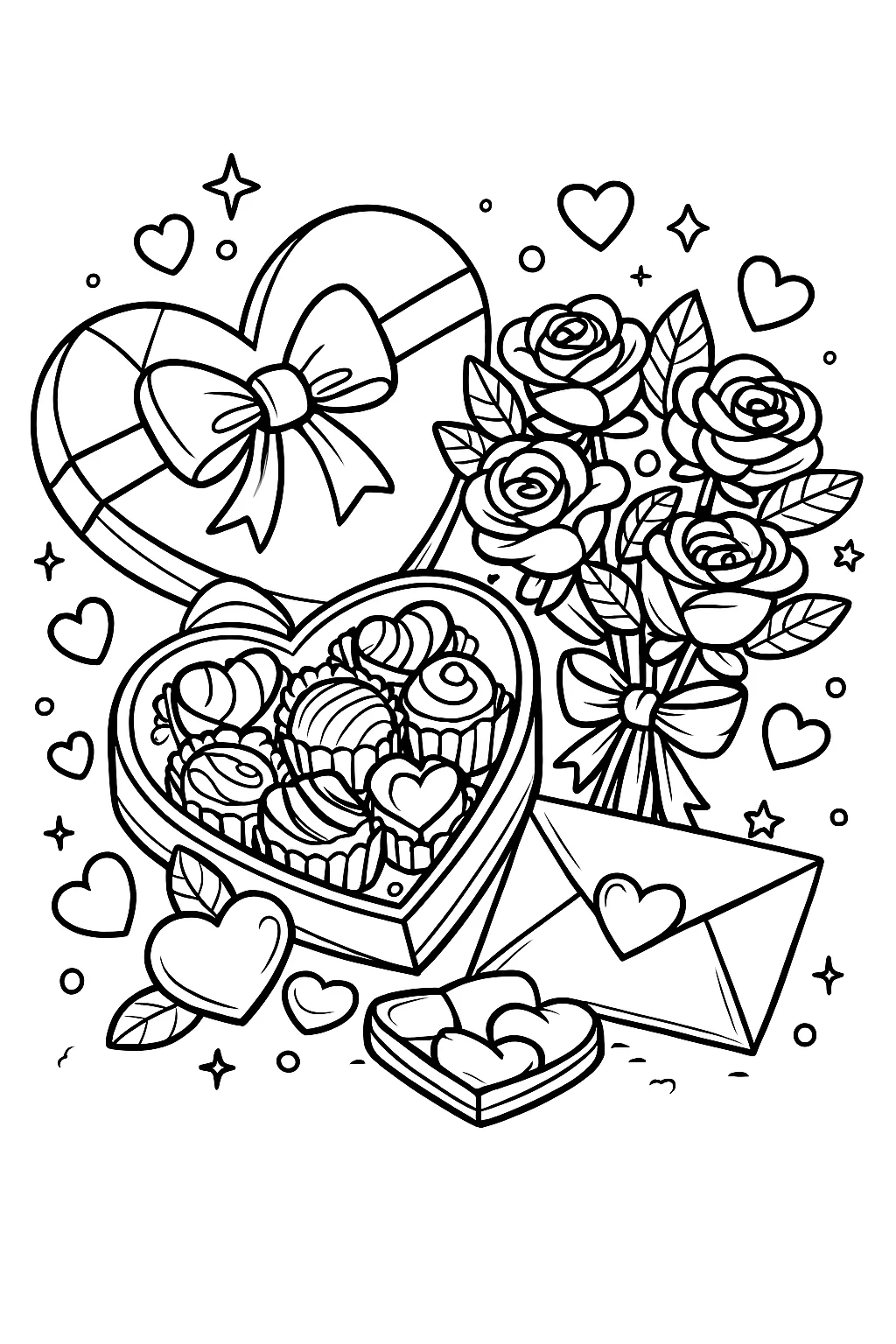 Flowers and Chocolate - Valentine's Day Gifts, דף צביעה להדפסה לילדים