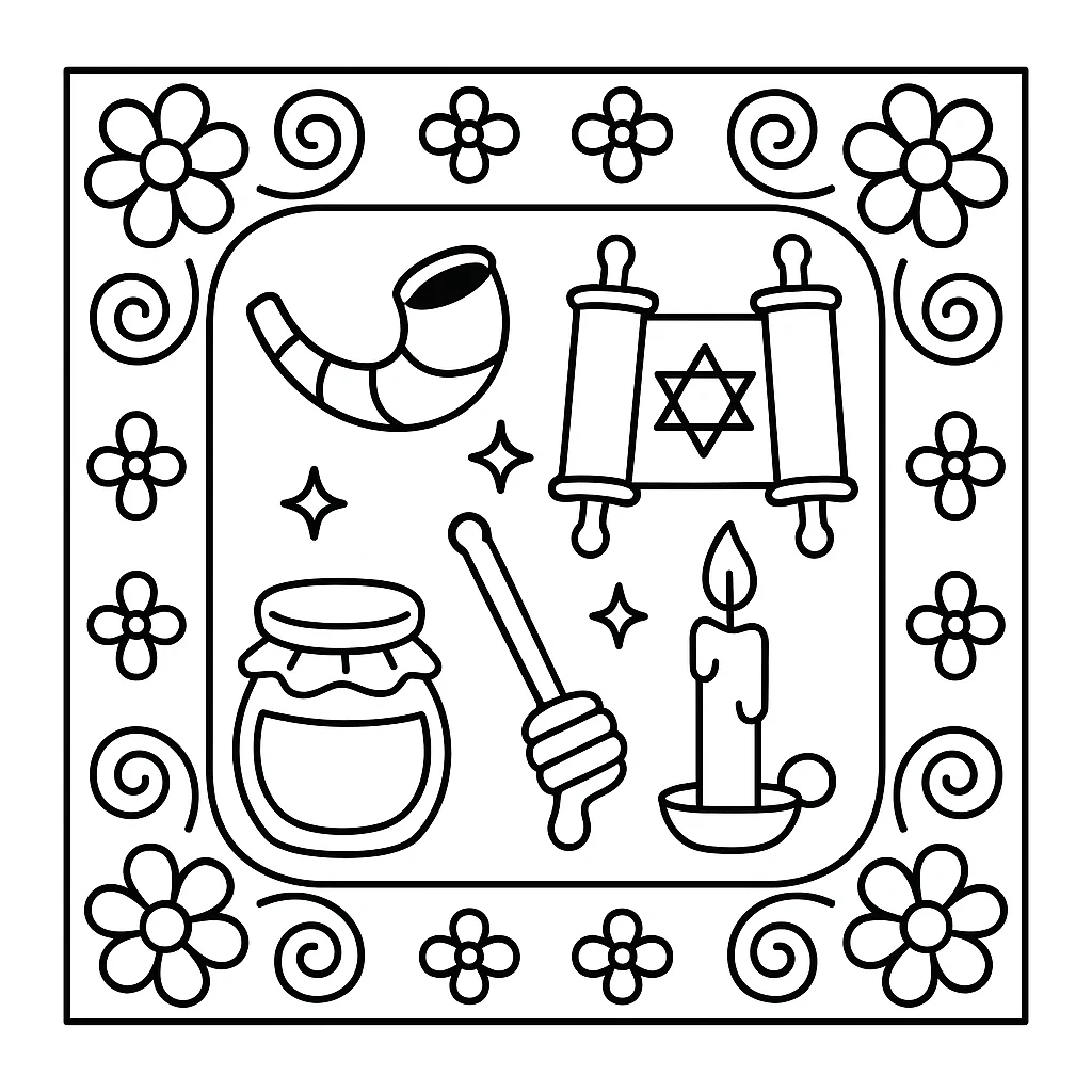 Rosh Hashana Flowers and Decorations, דף צביעה להדפסה לילדים