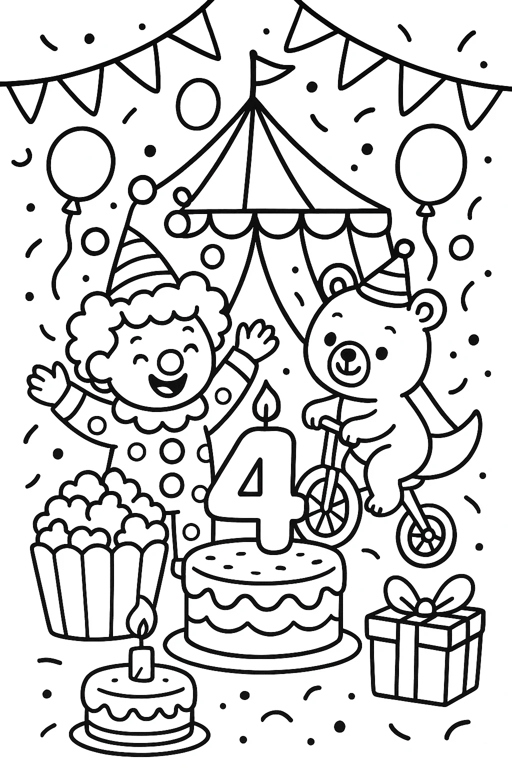 Four Years Old Birthday, דף צביעה להדפסה לילדים