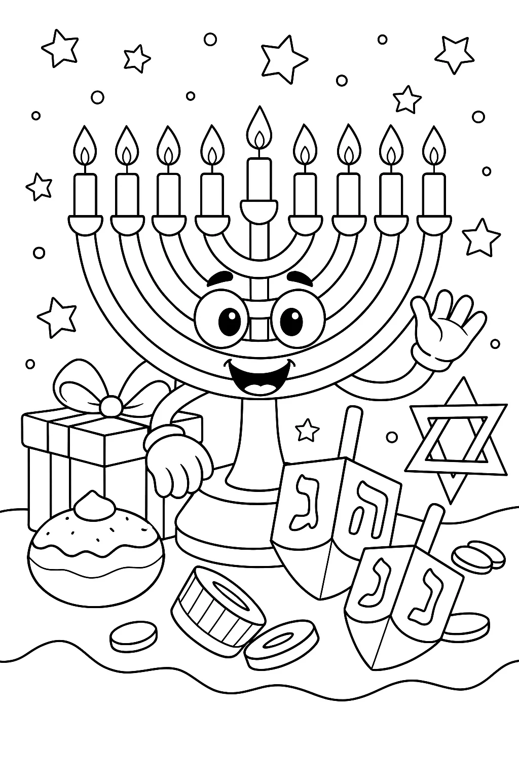 Friendly Menorah - Hanukkah Light, דף צביעה להדפסה לילדים