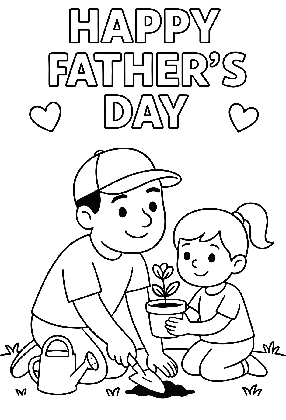 Girl and Father Planting, דף צביעה להדפסה לילדים