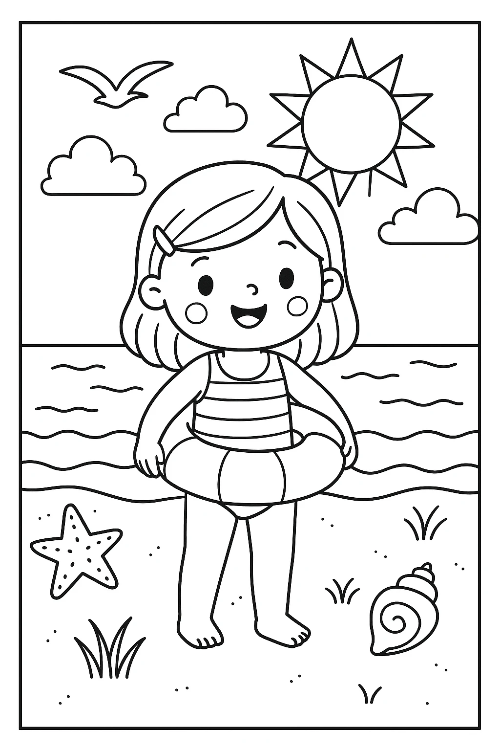 Niña en la Playa, página para colorear imprimible para niños
