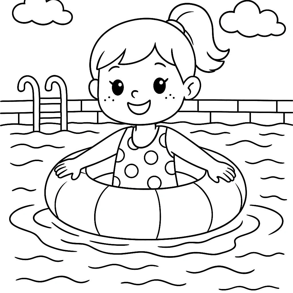 Niña en la Piscina, página para colorear imprimible para niños