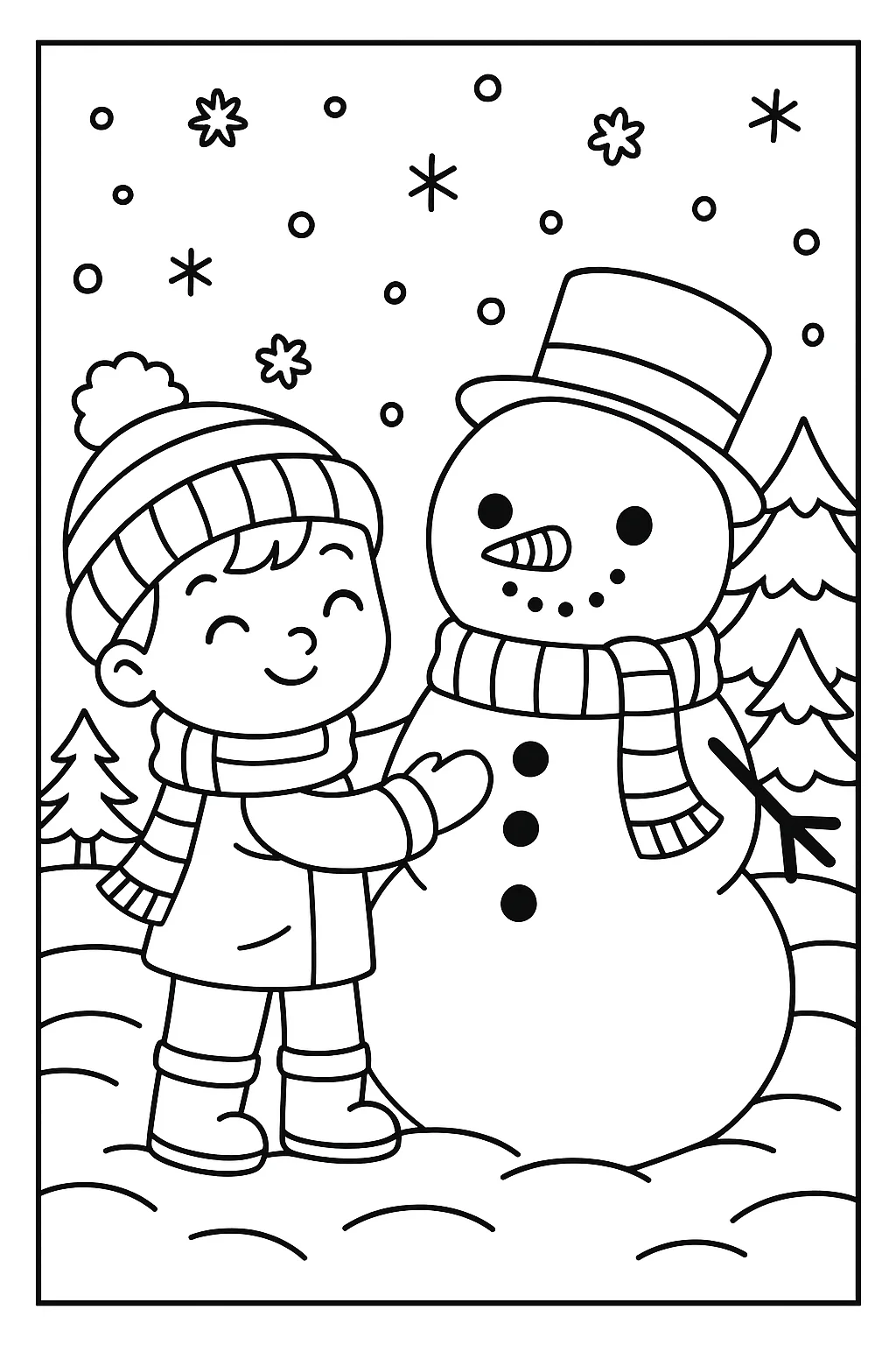 Niña Construyendo un Muñeco de Nieve, página para colorear imprimible para niños