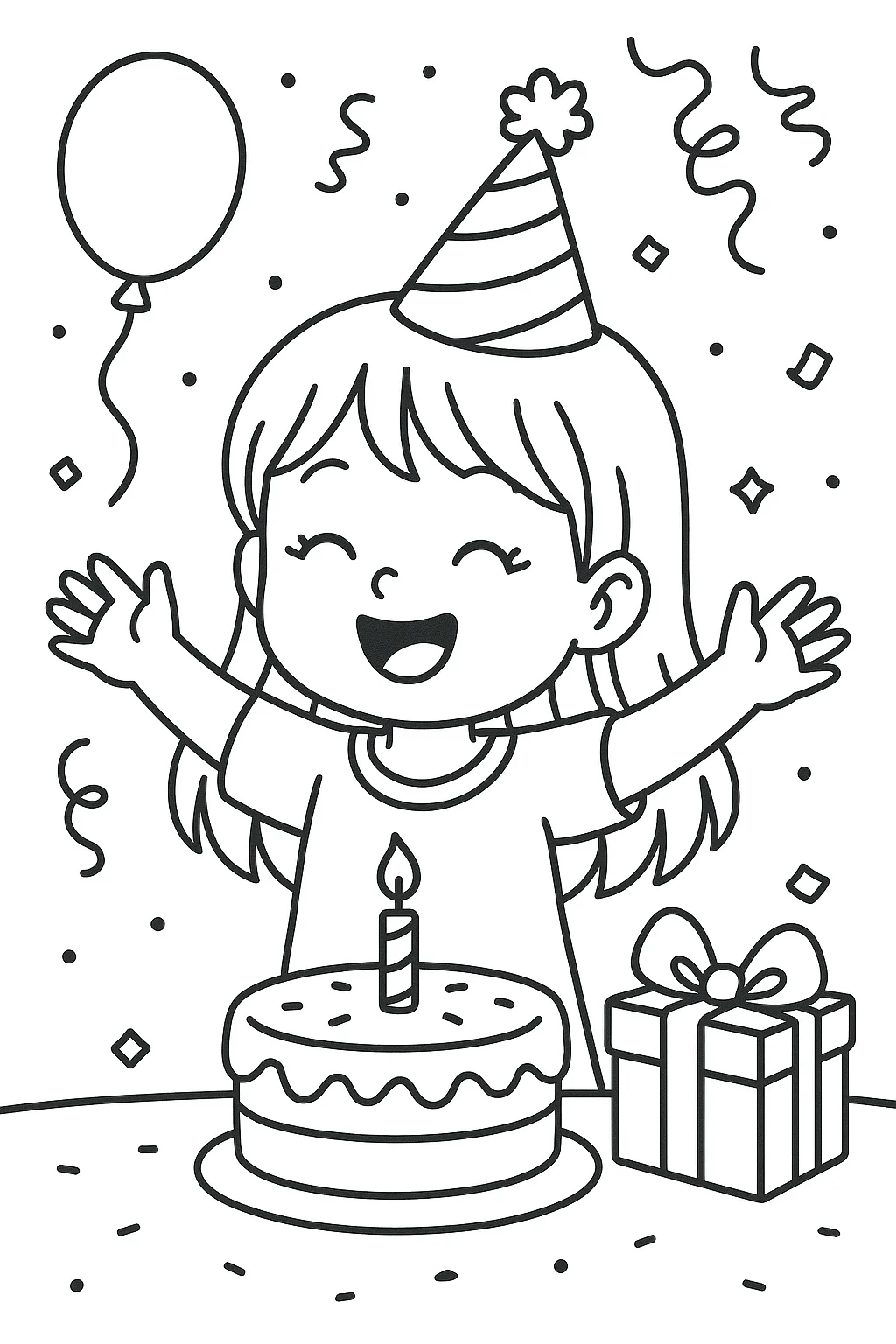 Girl Celebrating Birthday, דף צביעה להדפסה לילדים