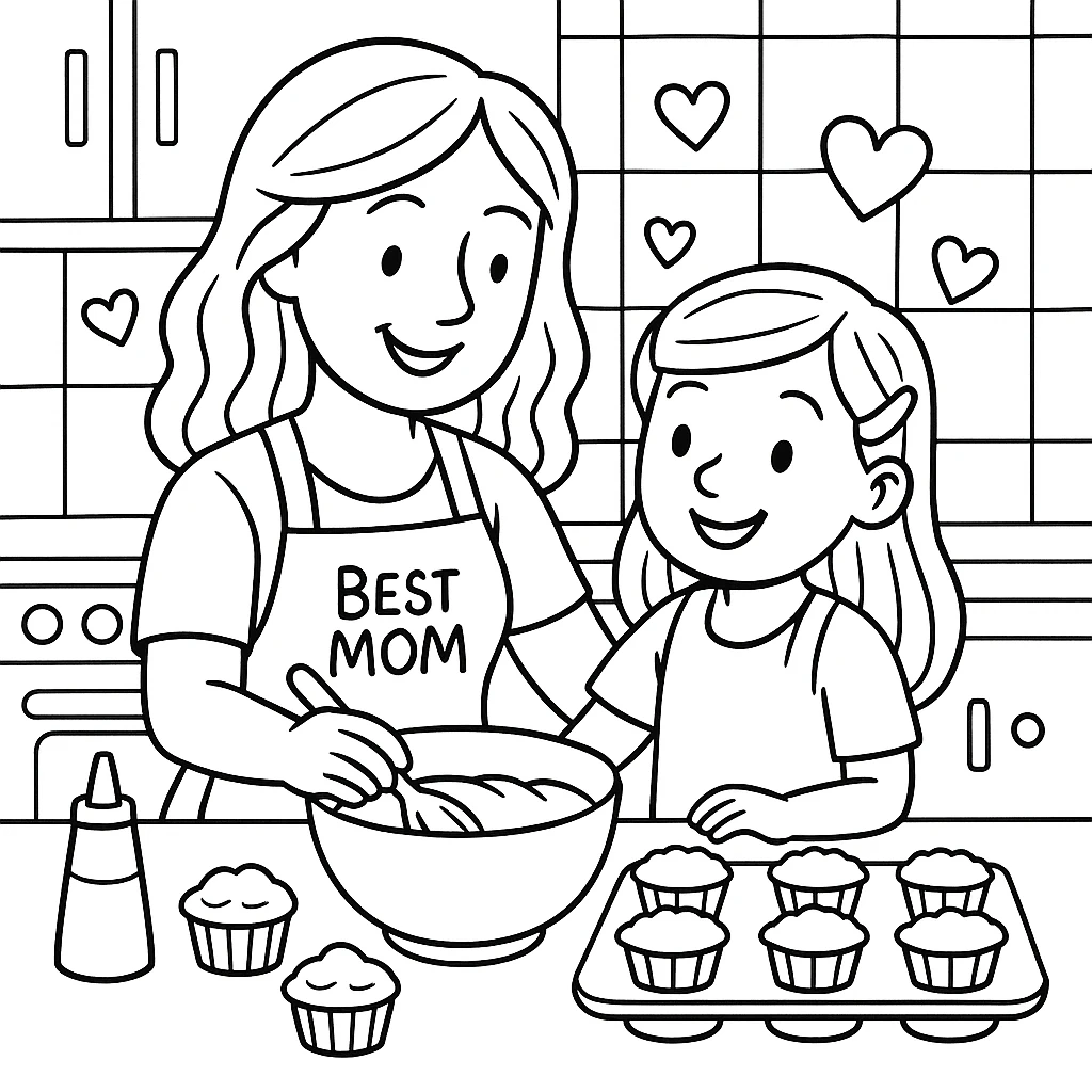 Girl Cooking with Mom, דף צביעה להדפסה לילדים