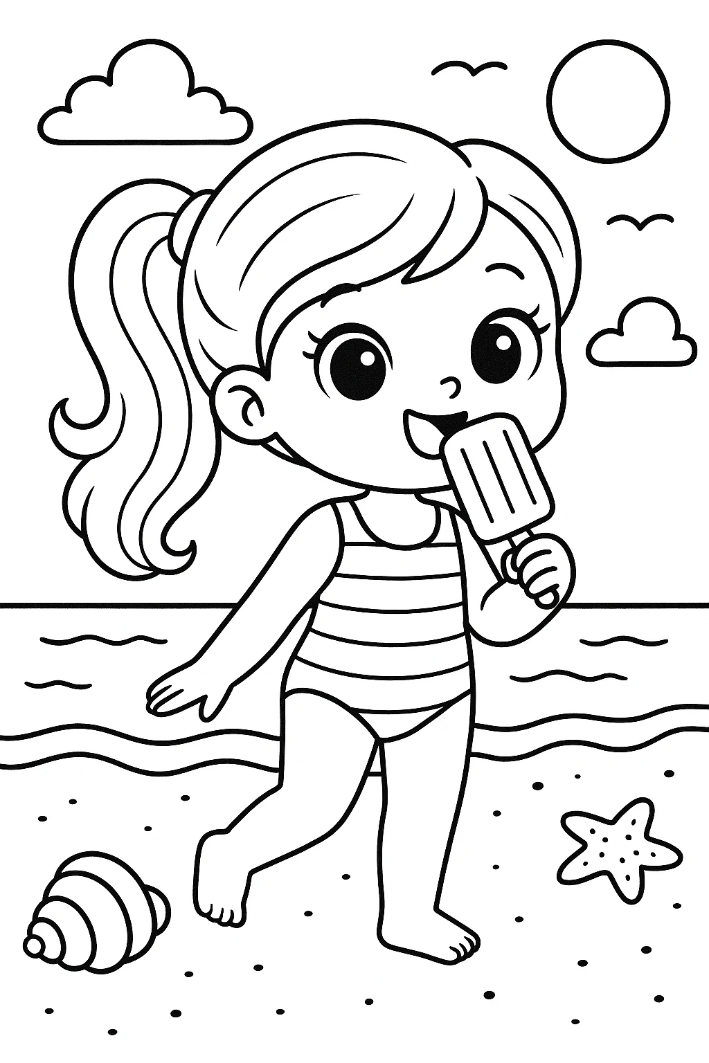 Niña Comiendo una Paleta, página para colorear imprimible para niños