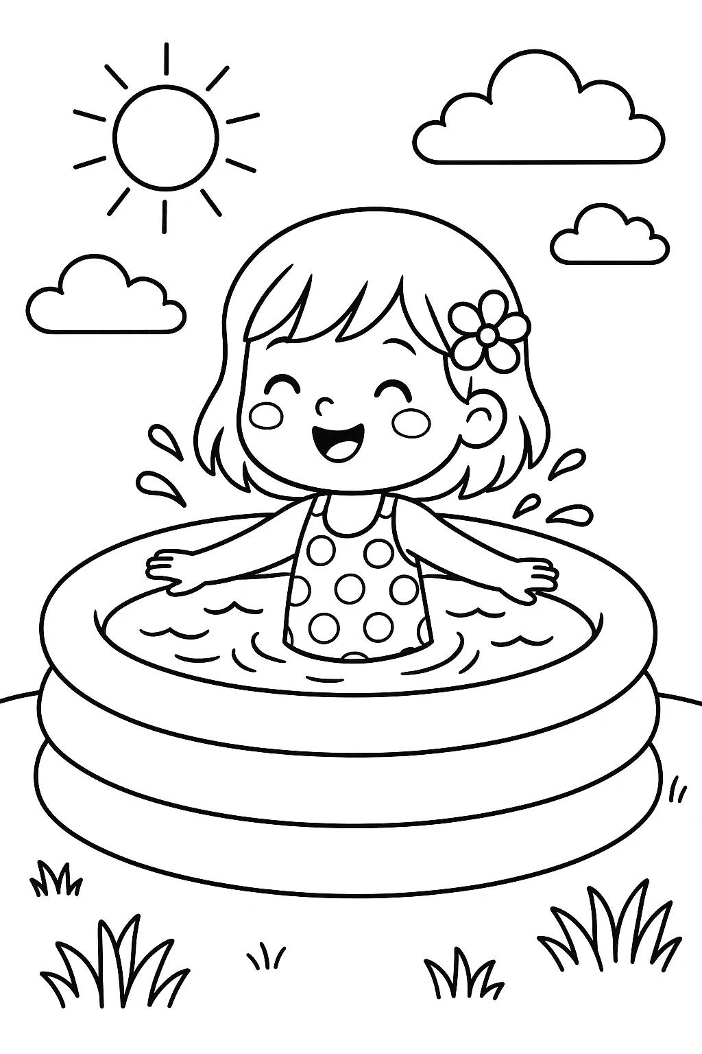 Niña en una Pequeña Piscina, página para colorear imprimible para niños
