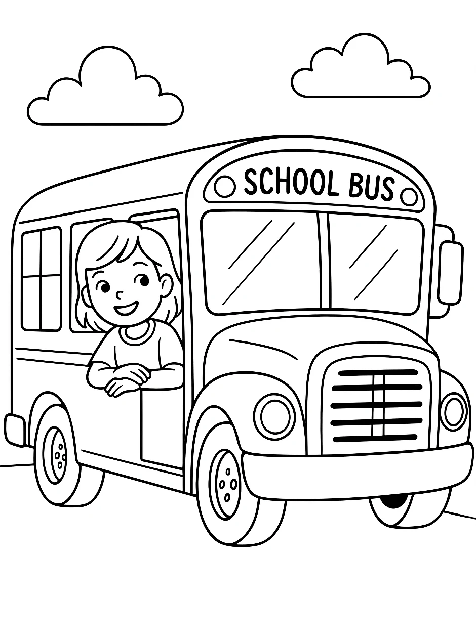 Niña en un Autobús Escolar, página para colorear imprimible para niños
