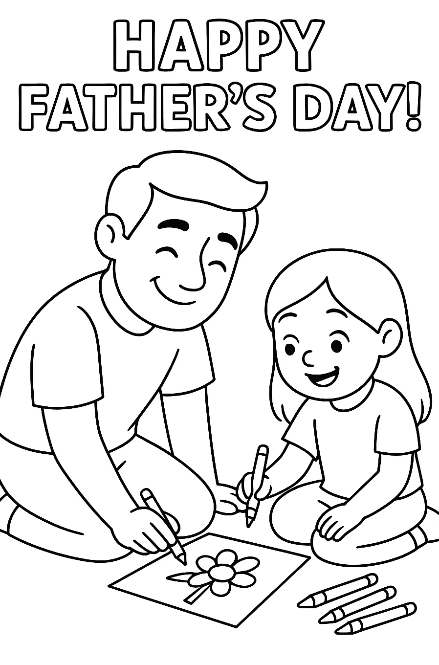 Girl Painting with Father, דף צביעה להדפסה לילדים