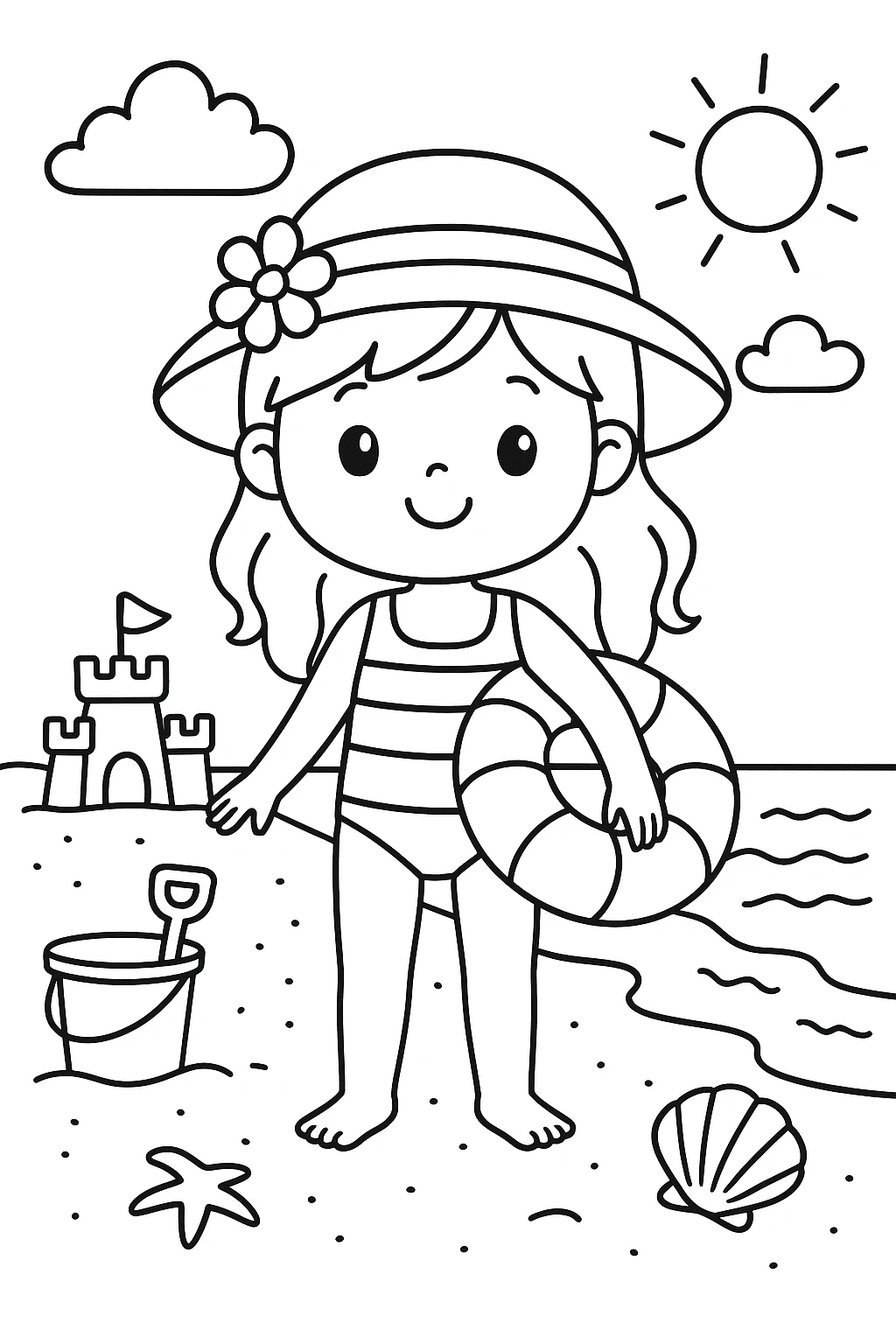 Niña Jugando Cerca del Mar, página para colorear imprimible para niños