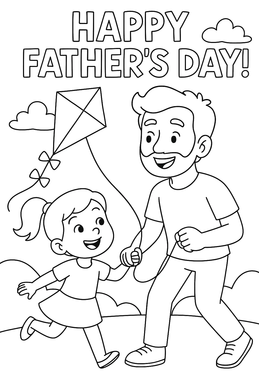 Girl with Kite and Father, דף צביעה להדפסה לילדים