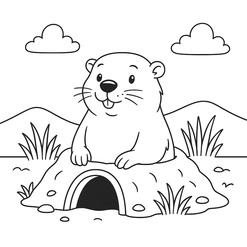 Marmota Saliendo de su Madriguera, página para colorear imprimible para niños