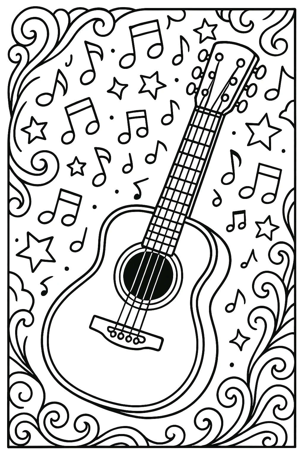 Classical Guitar, דף צביעה להדפסה לילדים