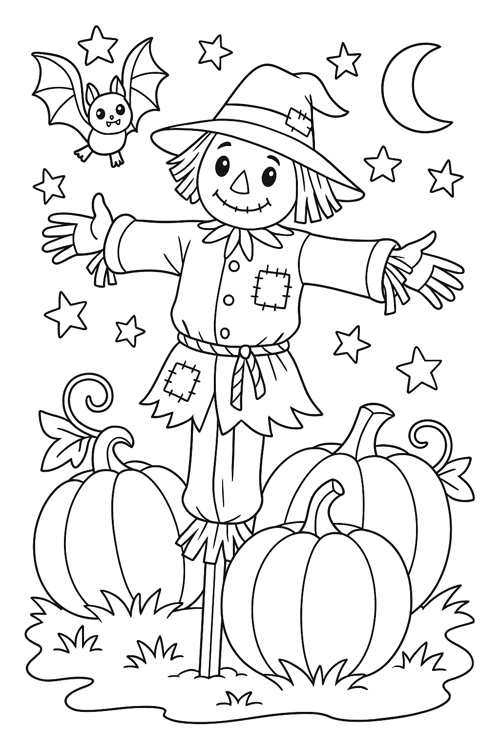 Espantapájaros de Halloween, página para colorear imprimible para niños