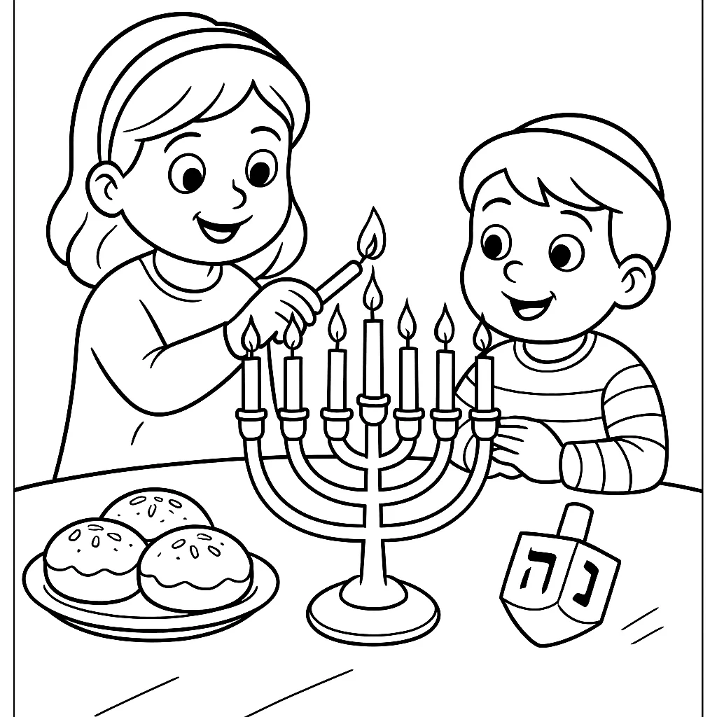 Hanukkah Celebration Scene, דף צביעה להדפסה לילדים
