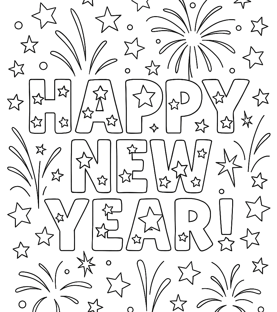 Happy New Year 2026 printable coloring page for kids