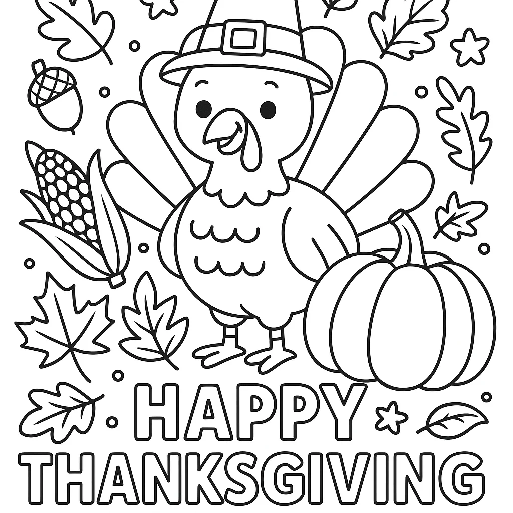 Happy Thanksgiving Card, דף צביעה להדפסה לילדים