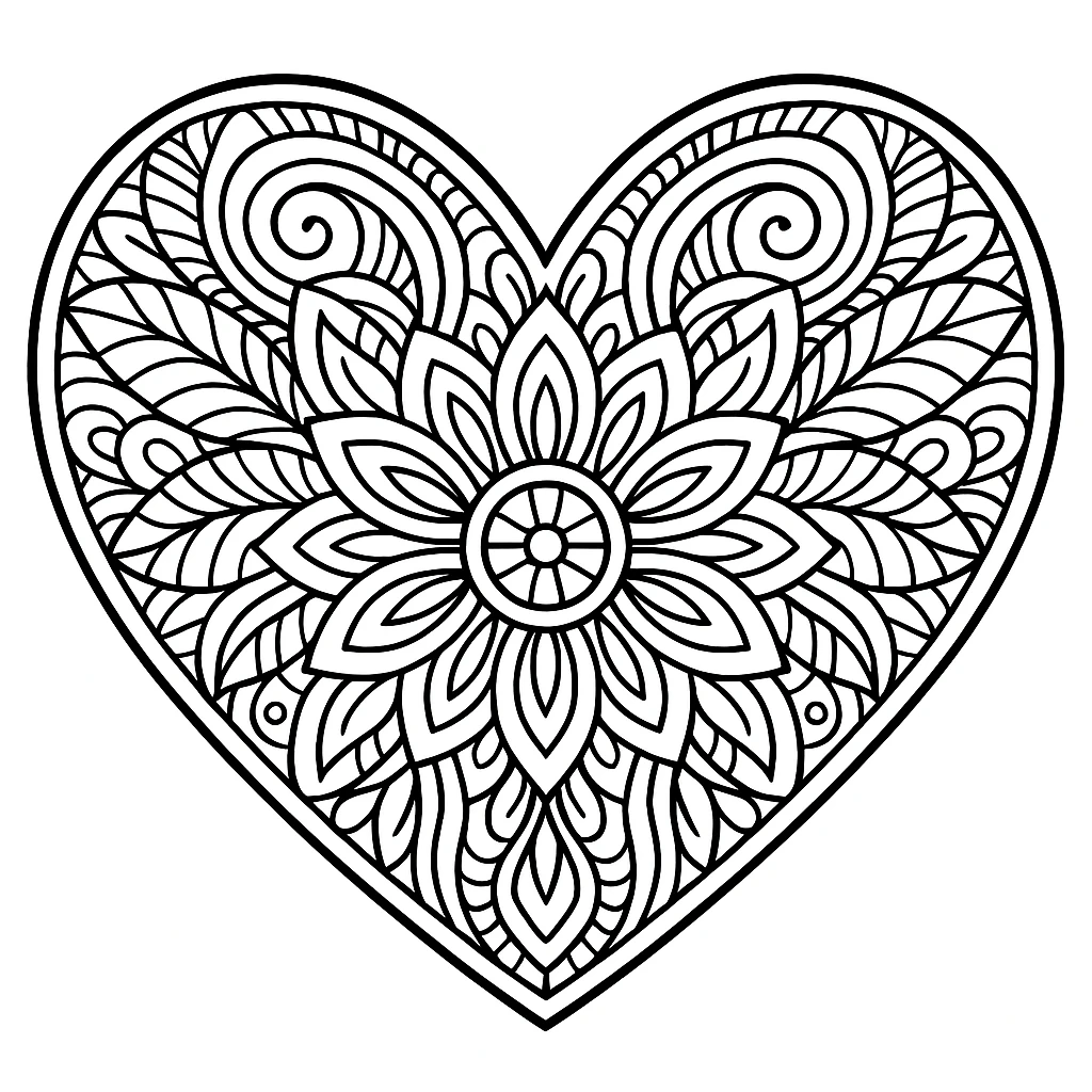 Heart Mandala, דף צביעה להדפסה לילדים
