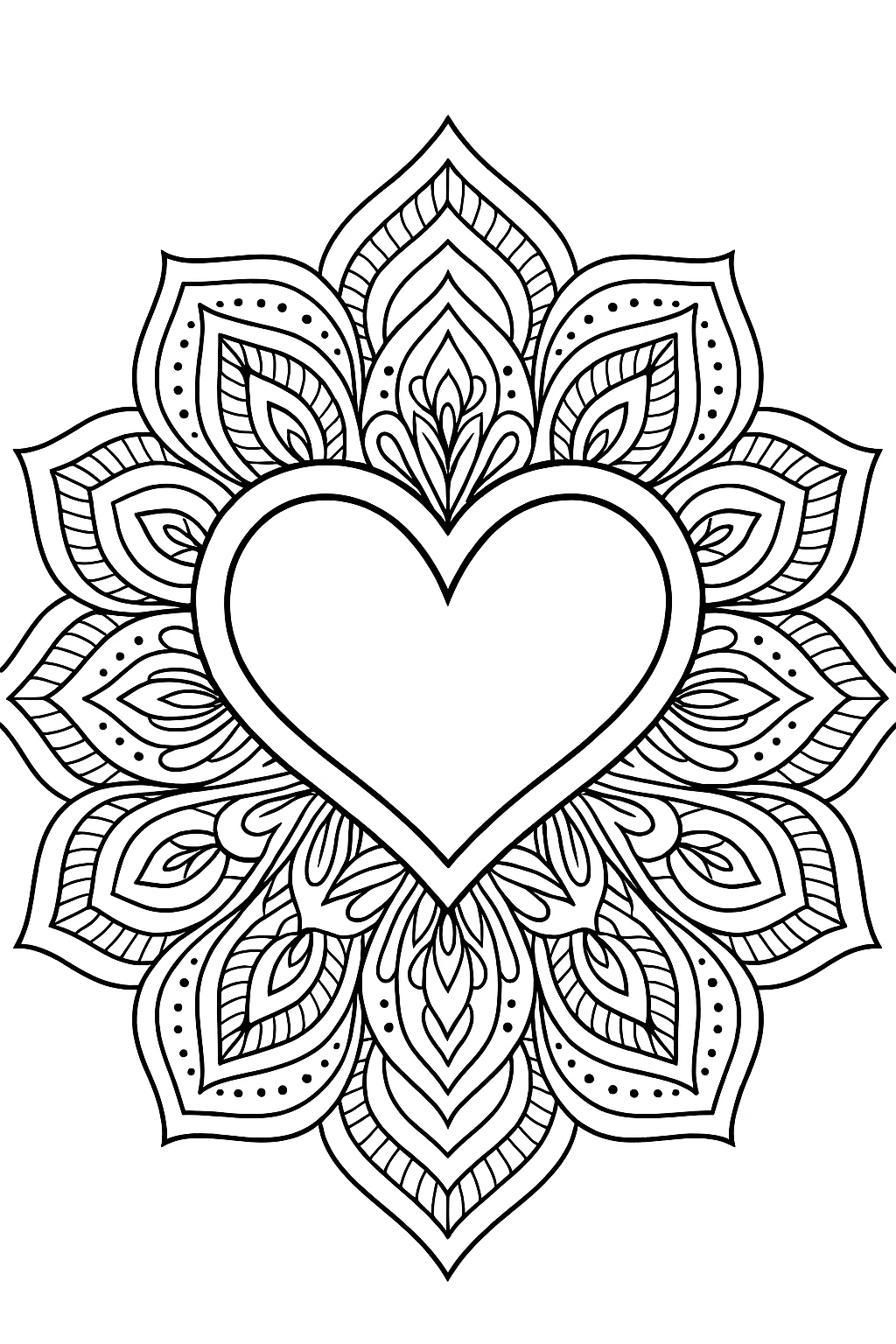Heart with Cover Mandala, דף צביעה להדפסה לילדים