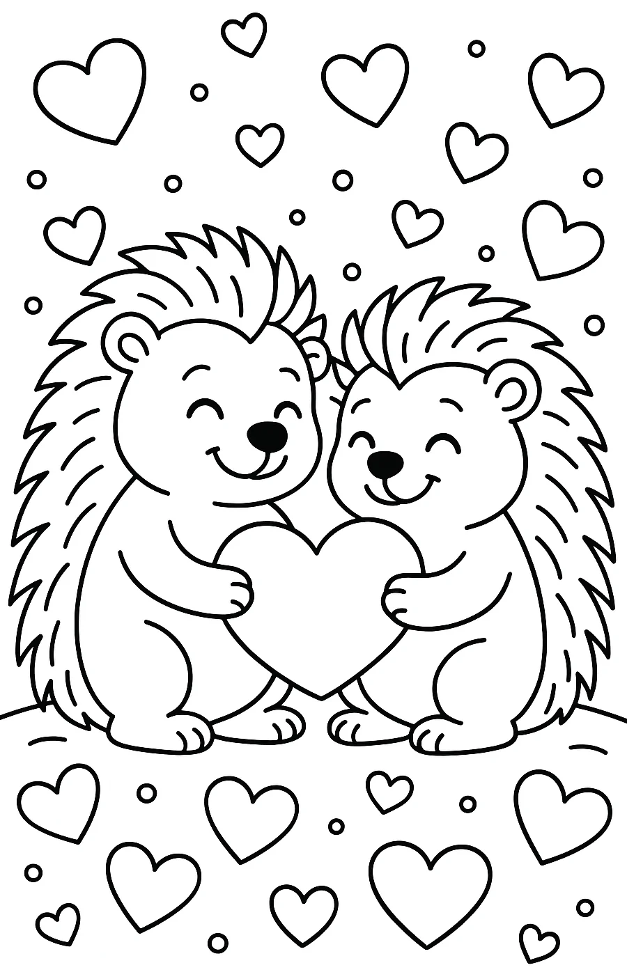 Hedgehog with Hearts - Adorable Valentine, דף צביעה להדפסה לילדים