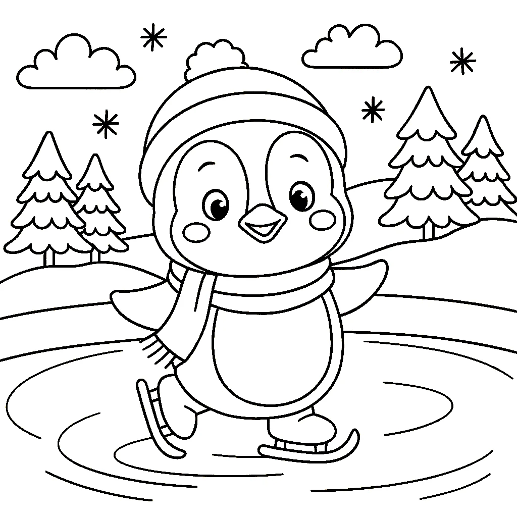 Ice Skating Penguin Coloring Page, דף צביעה להדפסה לילדים