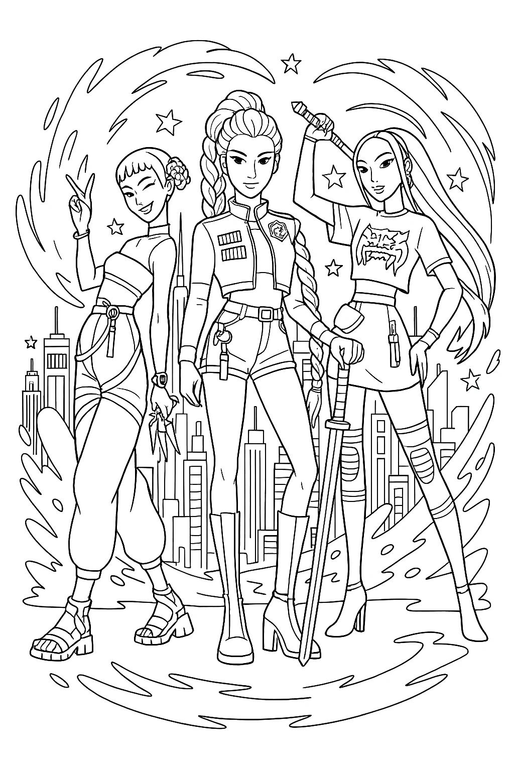 Cazadores de Demonios K-Pop, página para colorear imprimible para niños