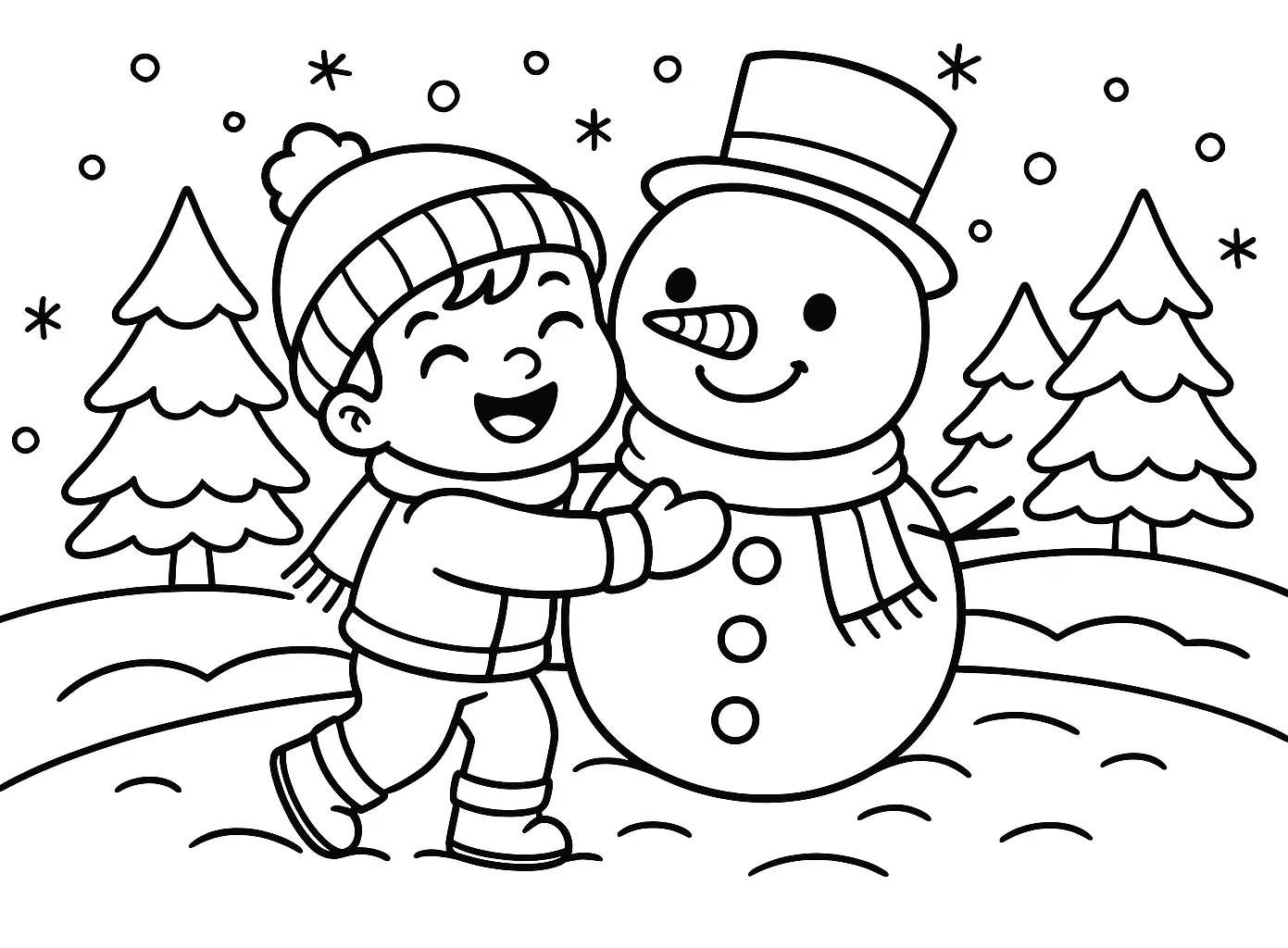 Niño Construyendo un Muñeco de Nieve, página para colorear imprimible para niños