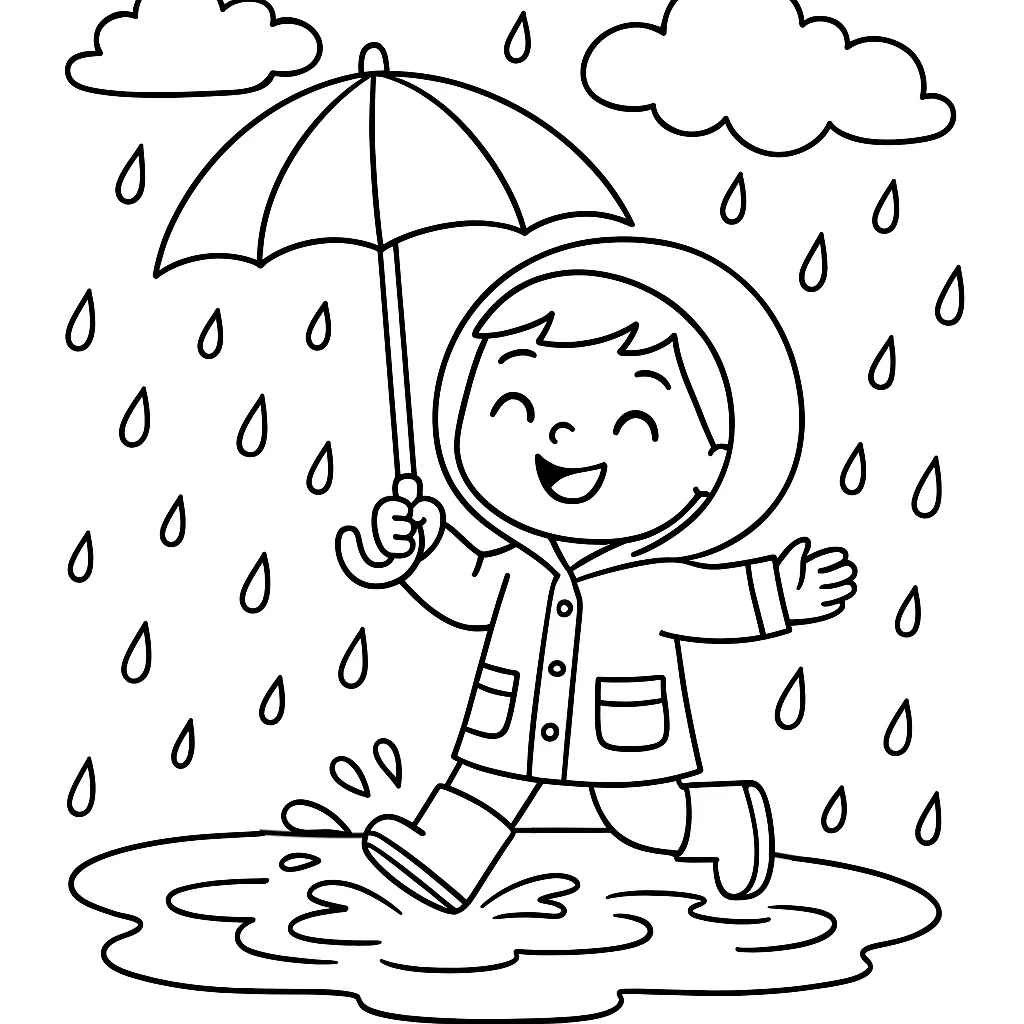 Niño en la Lluvia, página para colorear imprimible para niños