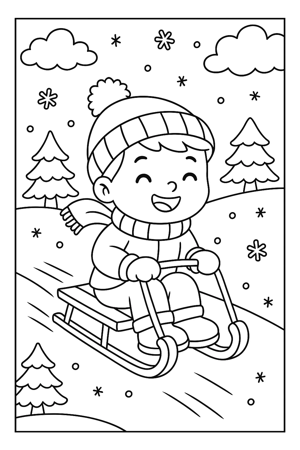 Niño en Trineo de Nieve, página para colorear imprimible para niños
