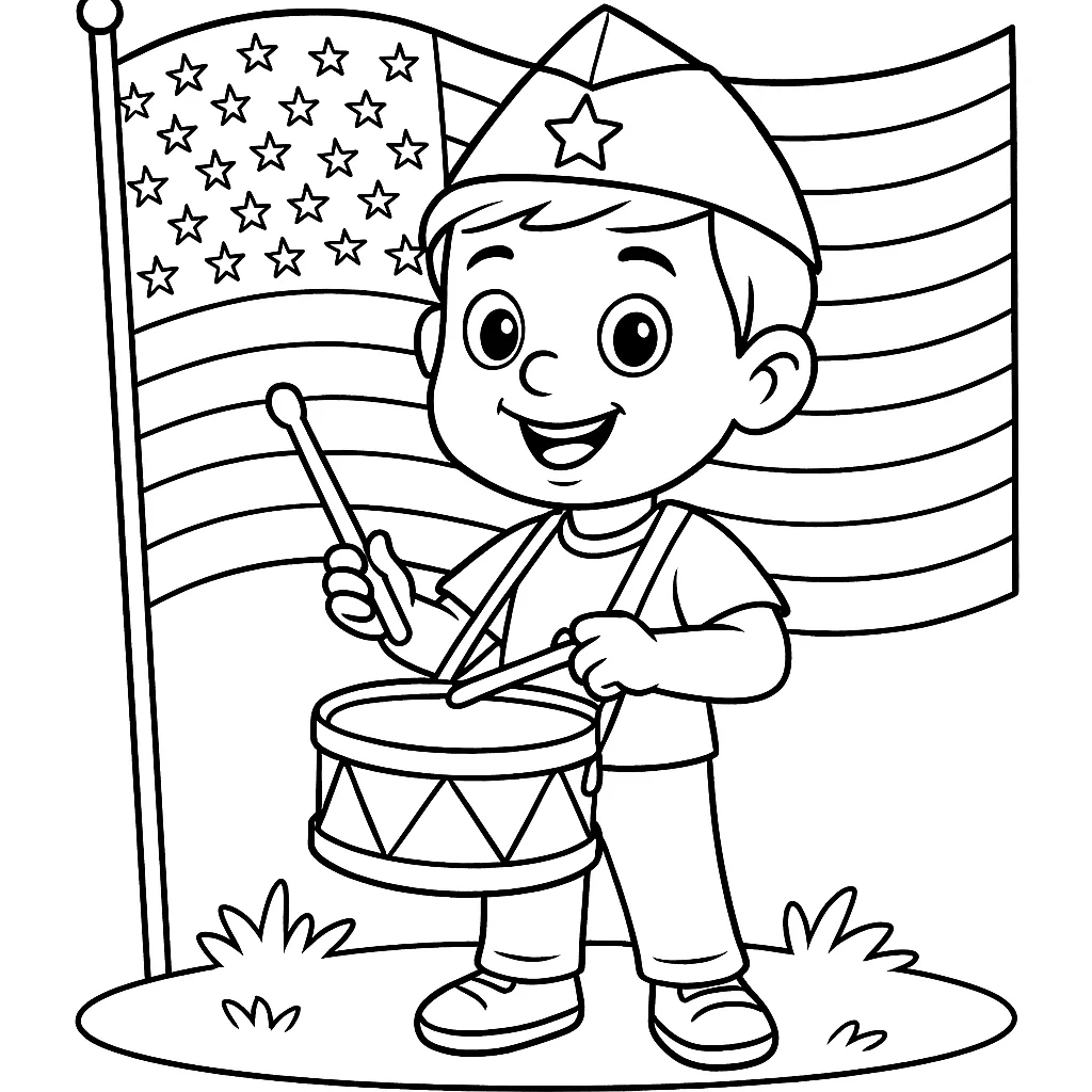 Child Playing Drum in Memorial Parade, דף צביעה להדפסה לילדים