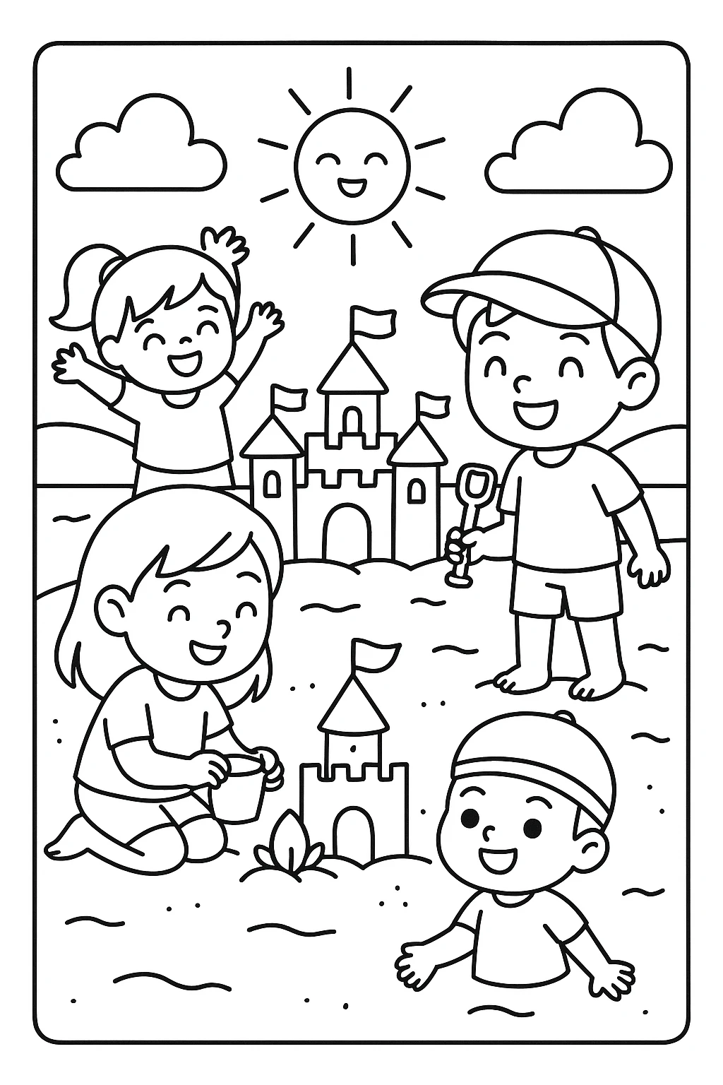 Niños Construyendo Castillos de Arena, página para colorear imprimible para niños