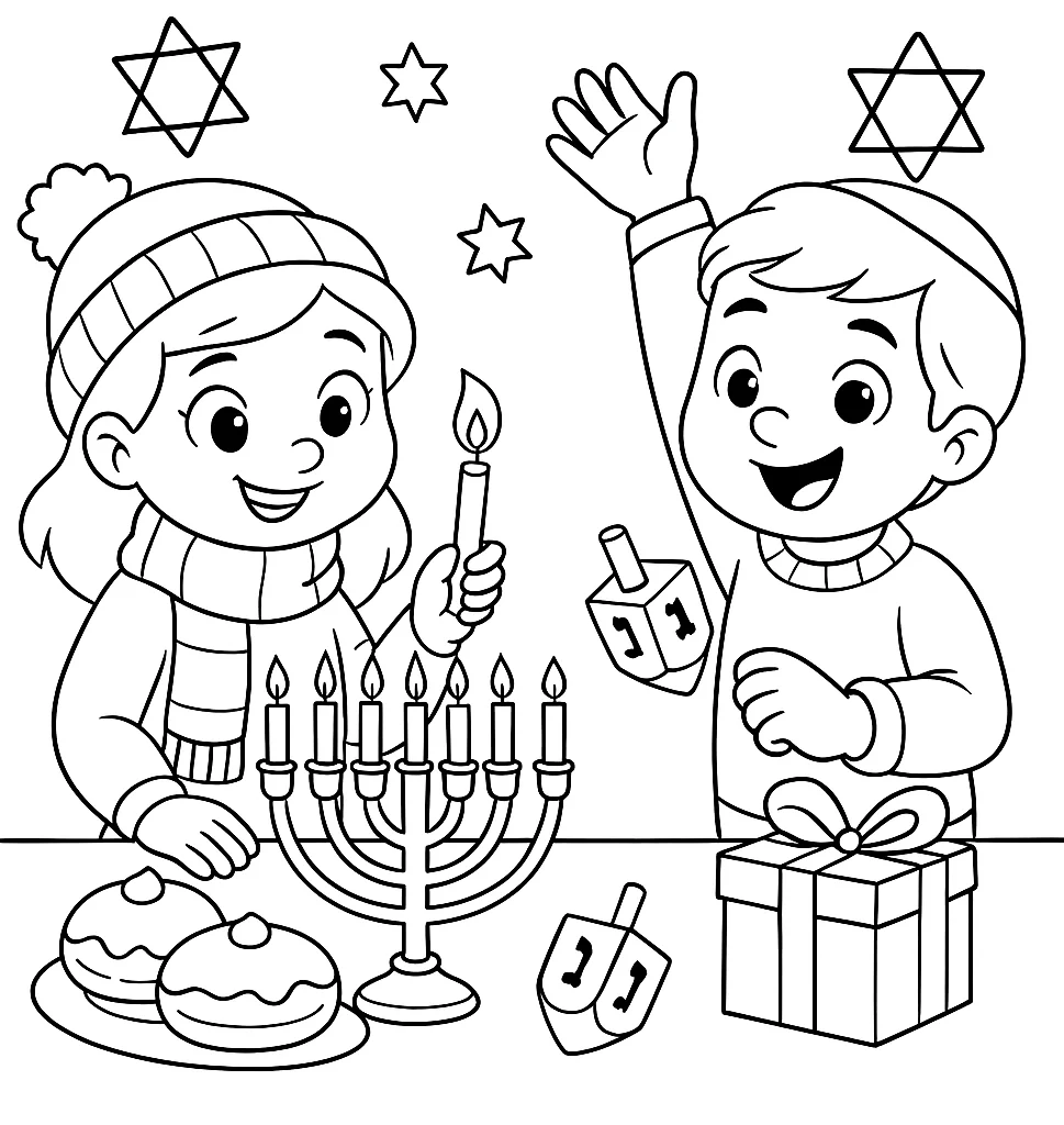 Kids Celebrating Hanukkah, דף צביעה להדפסה לילדים