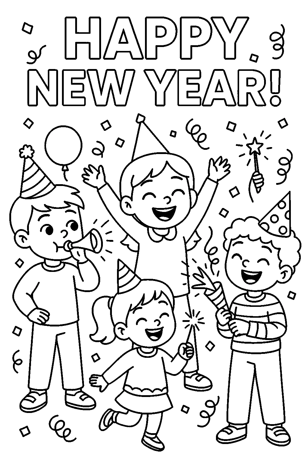 Kids Celebrating New Year printable coloring page for kids