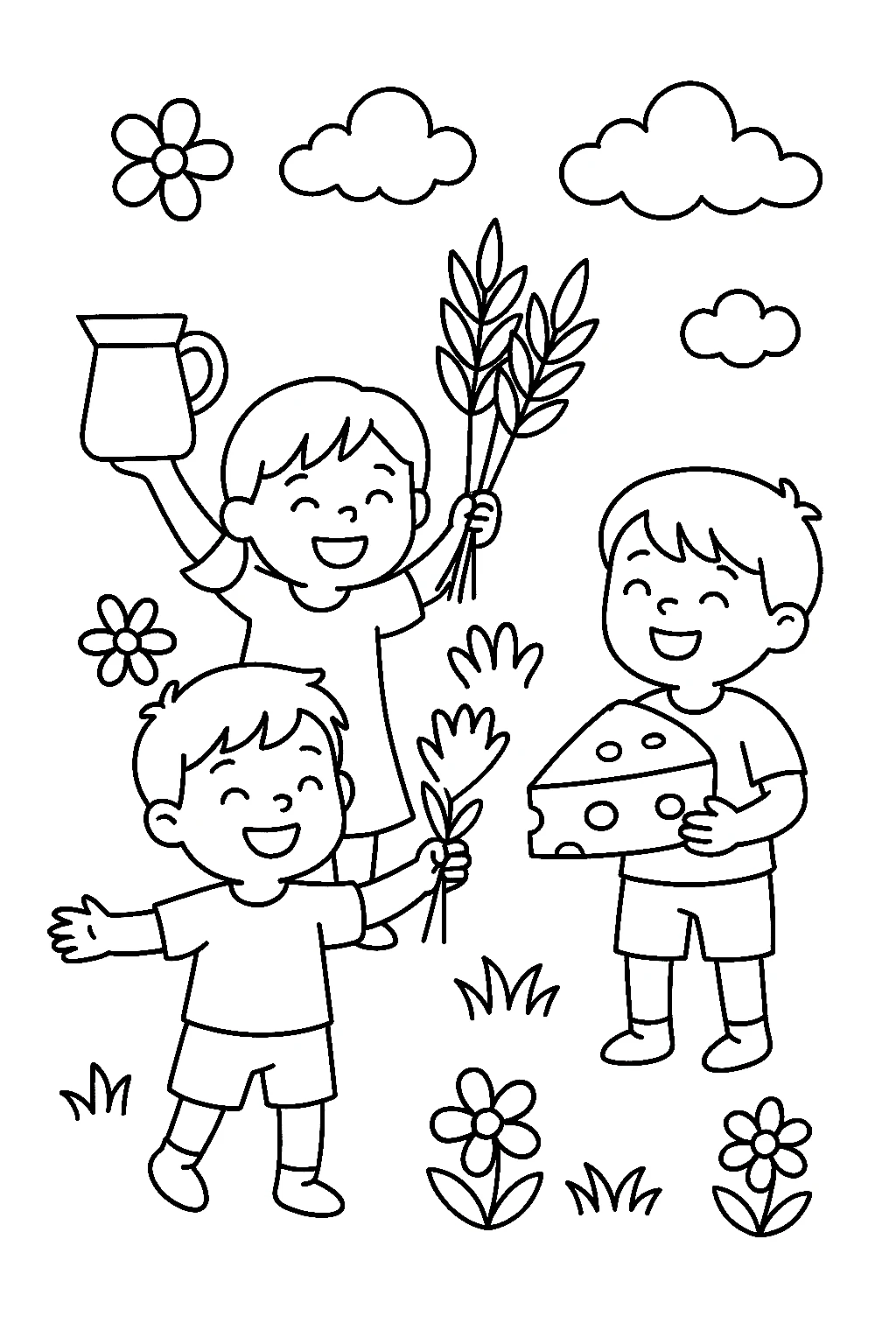 Niños Celebrando Shavuot, página para colorear imprimible para niños