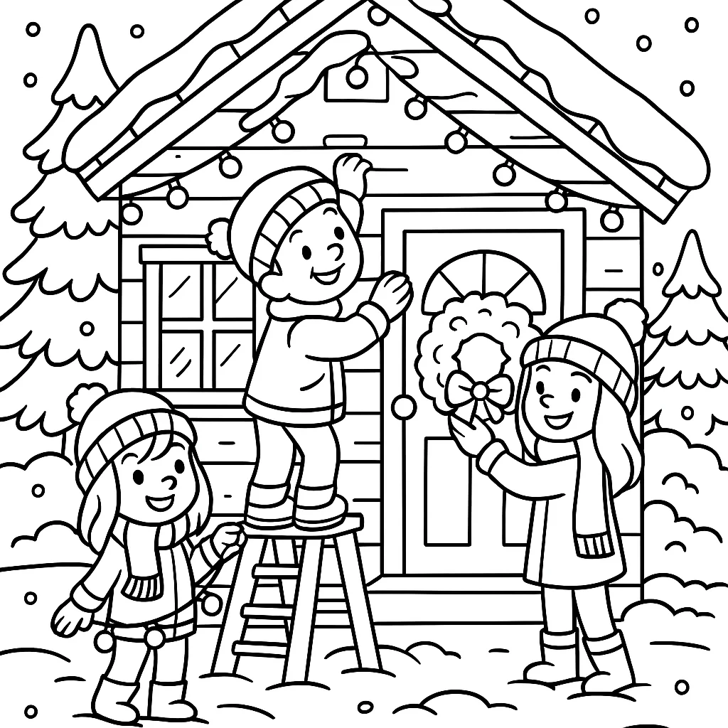Niños Decorando, página para colorear imprimible para niños