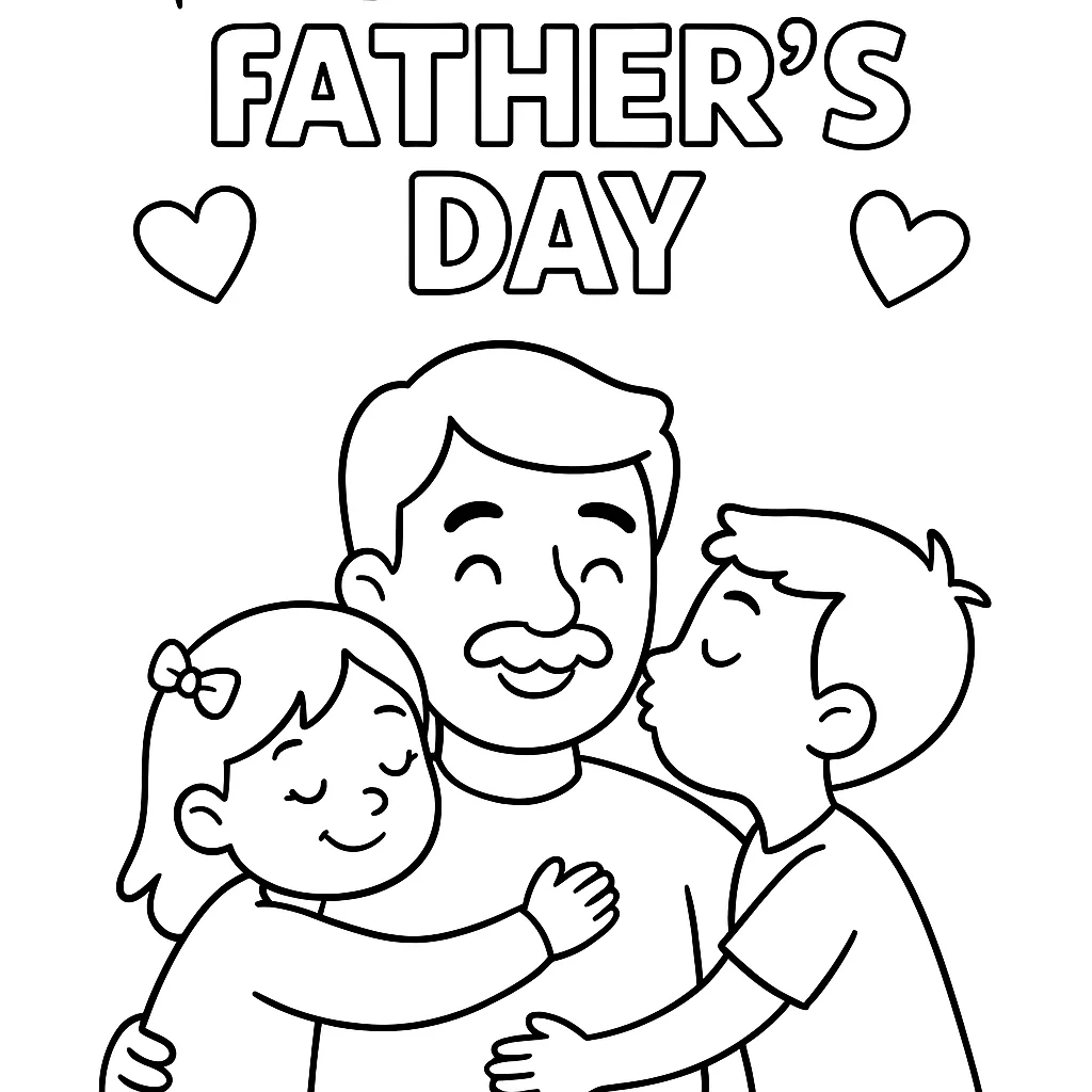 Kids Hugging Father, דף צביעה להדפסה לילדים