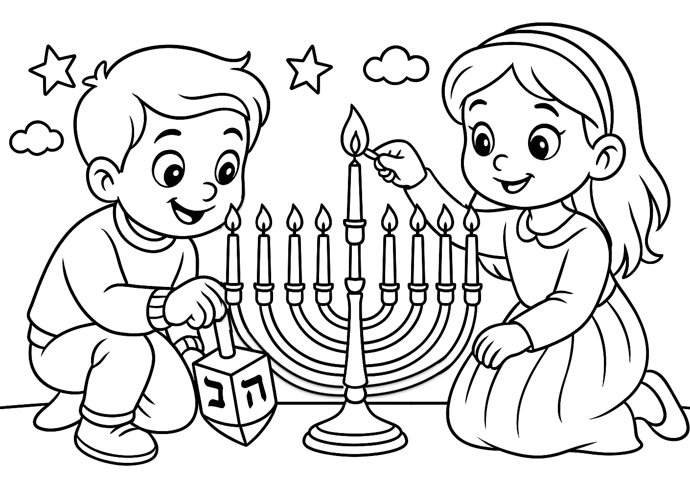 Kids Lighting a Menorah Together, דף צביעה להדפסה לילדים