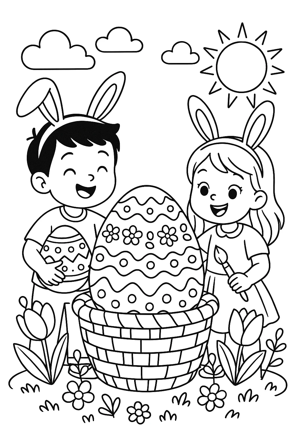 Niños Pintando Huevo de Pascua, página para colorear imprimible para niños