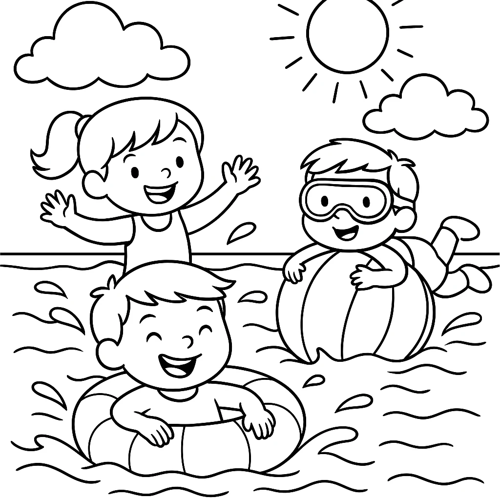Niños Jugando en el Agua, página para colorear imprimible para niños