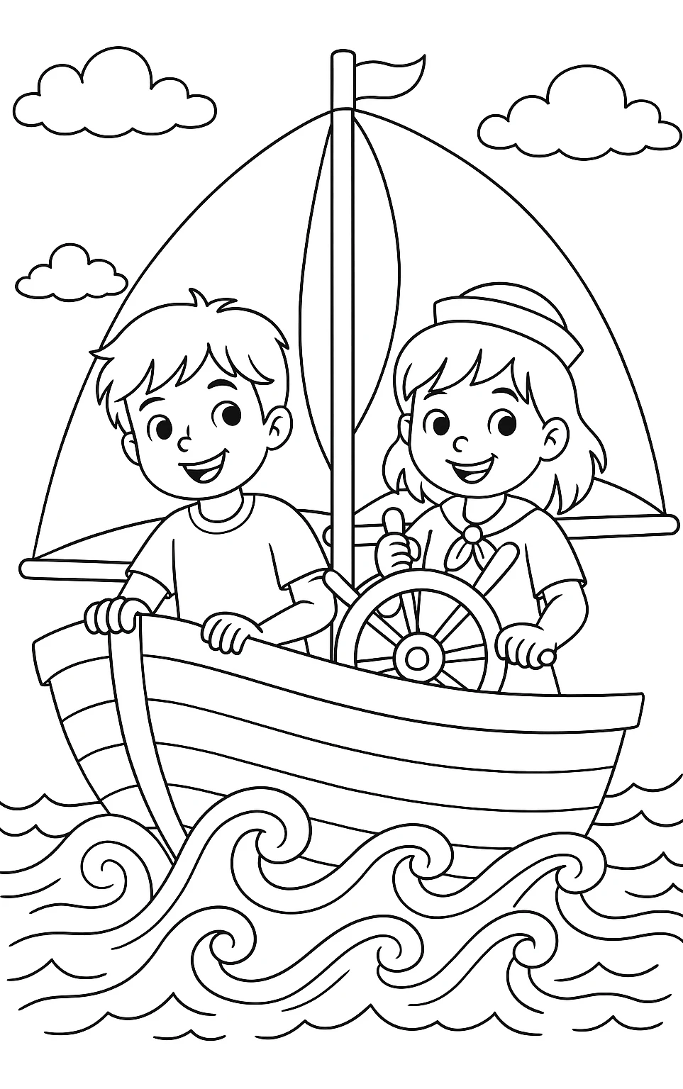 Kids Sailing a Boat, דף צביעה להדפסה לילדים