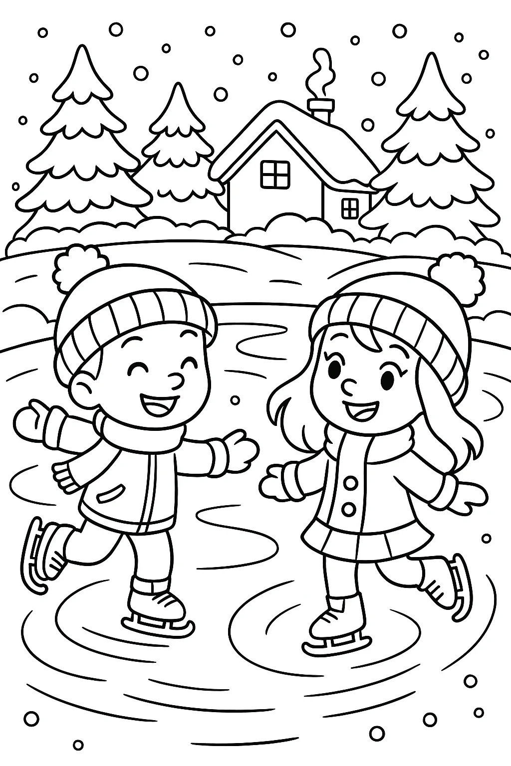 Niños Patinando sobre Hielo, página para colorear imprimible para niños
