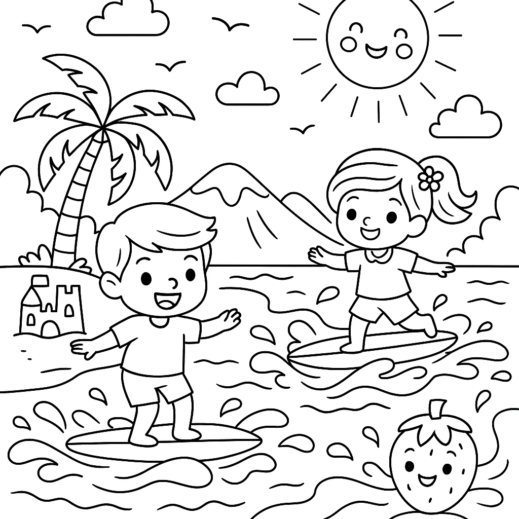 Niños Haciendo Surf, página para colorear imprimible para niños