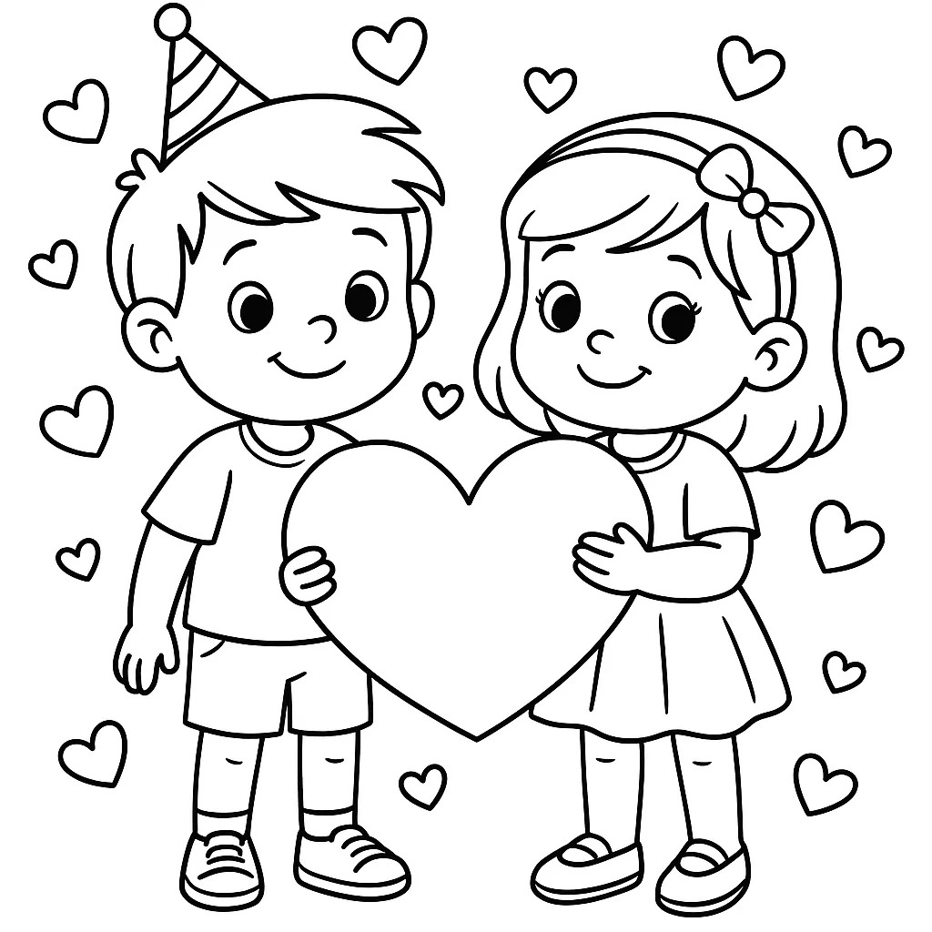 Kids Celebrating Love - Valentine's Day Friendship, דף צביעה להדפסה לילדים