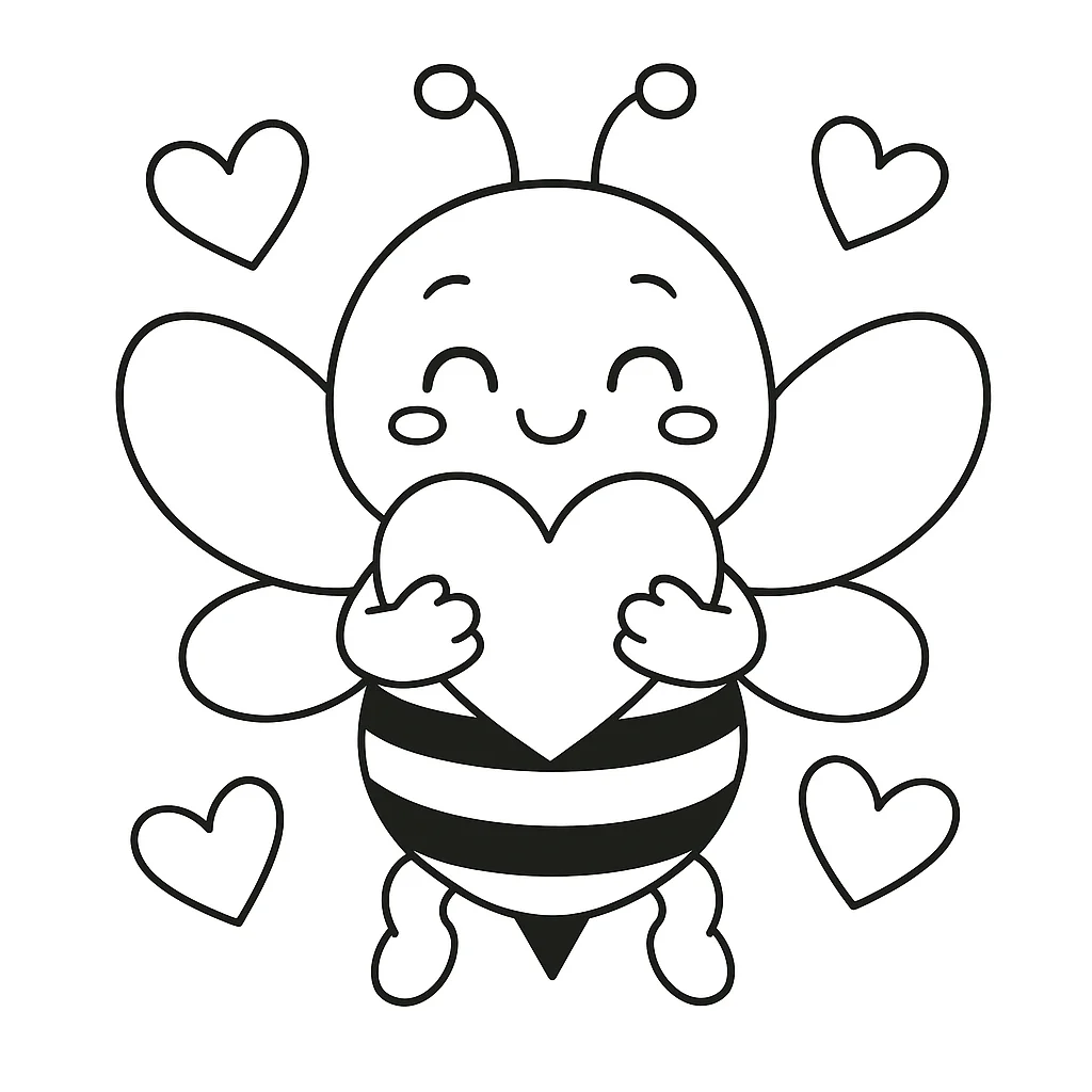 Loving Bee with Hearts - Valentine's Day, דף צביעה להדפסה לילדים