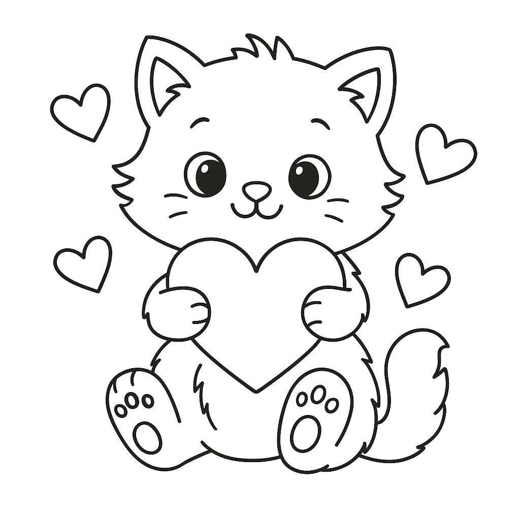 Loving Cat with Hearts - Valentine's Pet, דף צביעה להדפסה לילדים