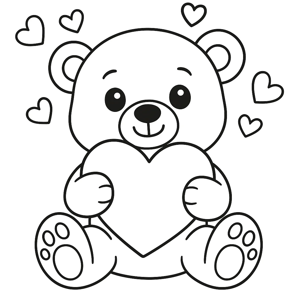 Loving Teddy Bear with Heart - Valentine's Day, דף צביעה להדפסה לילדים